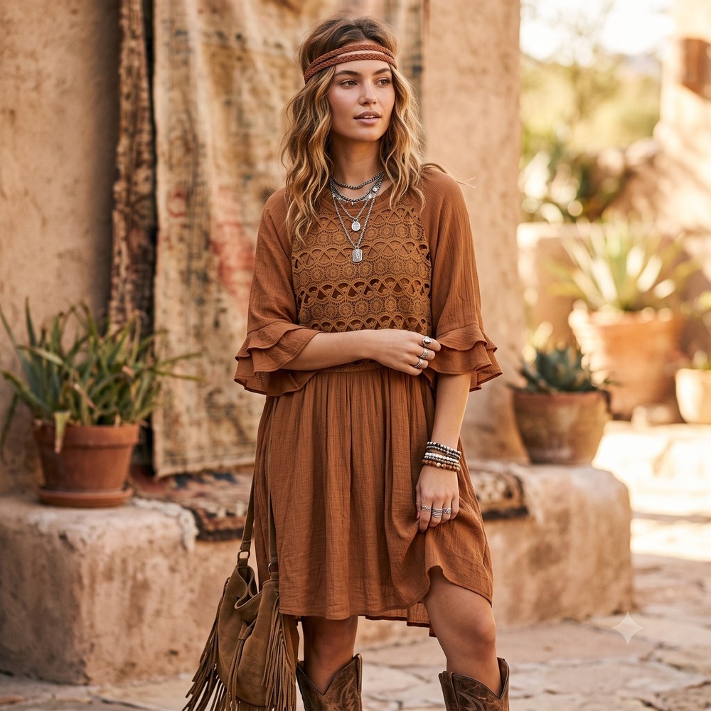 MOON RIVER Crochet Lace Bodice‎ Mini Dress Large Brown Crinkle Ruffle Boho Shift